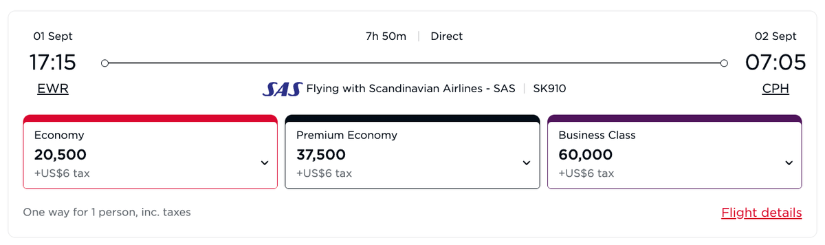 Flying Club award SAS EWR CPH