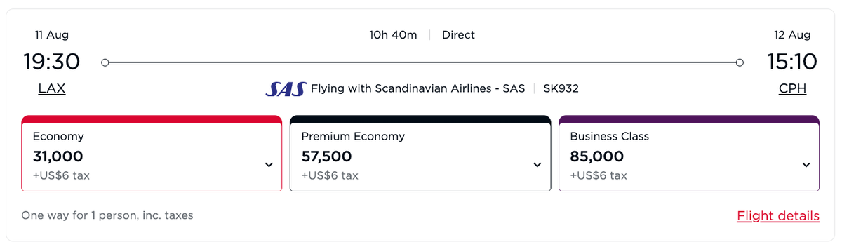 Flying Club award SAS LAX CPH