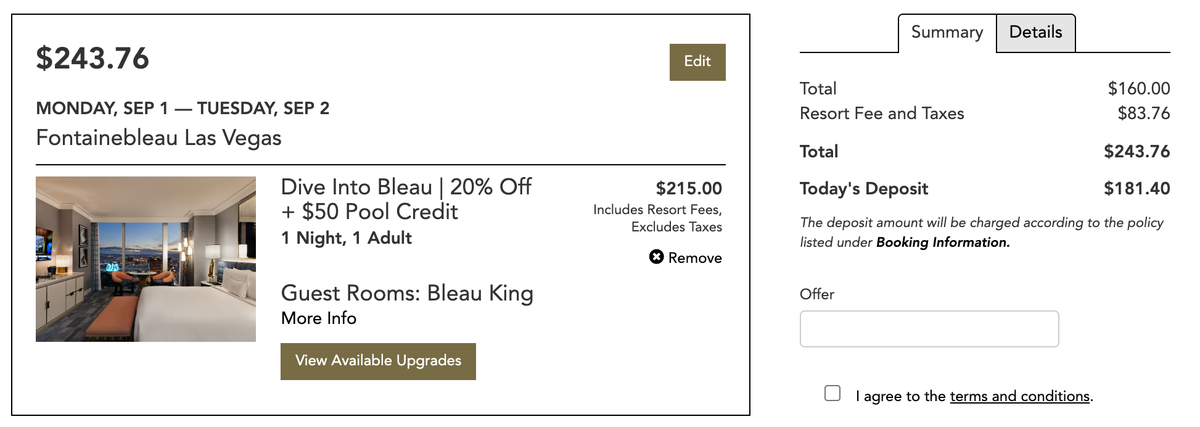 Fontainebleau room price Sep 2025