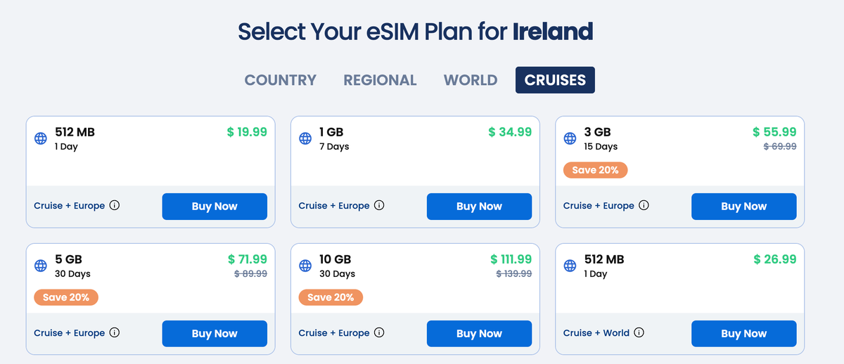 GigSky esim for Ireland cruises