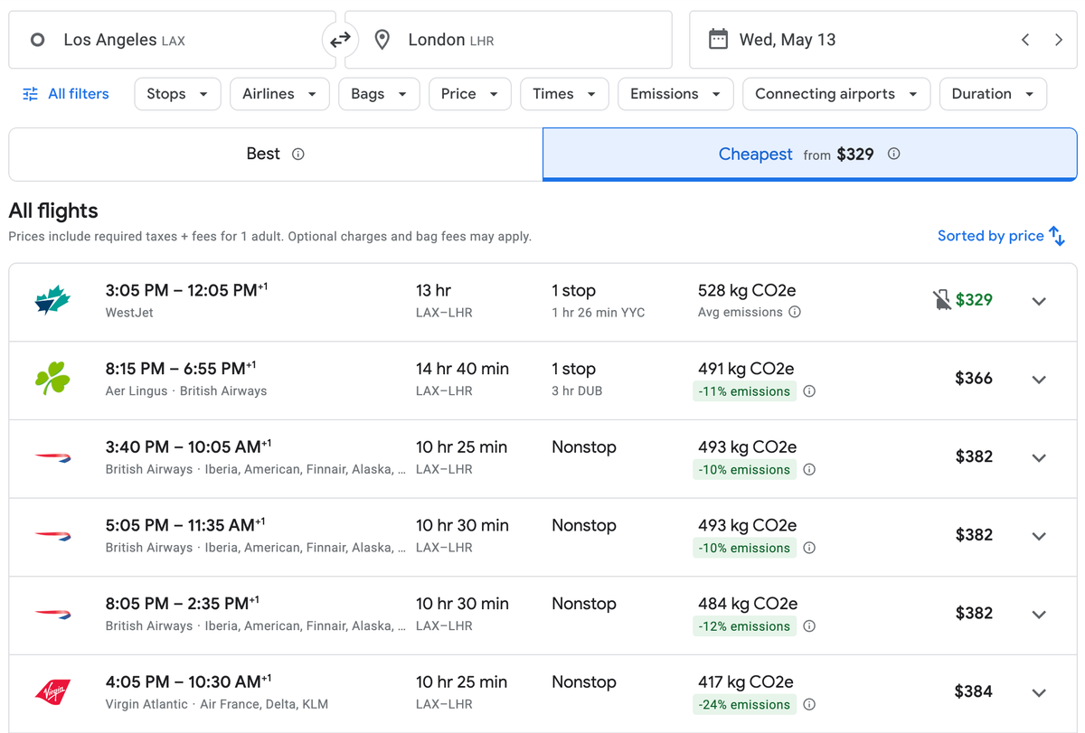 Google Flights pricing LAX LHR comparison
