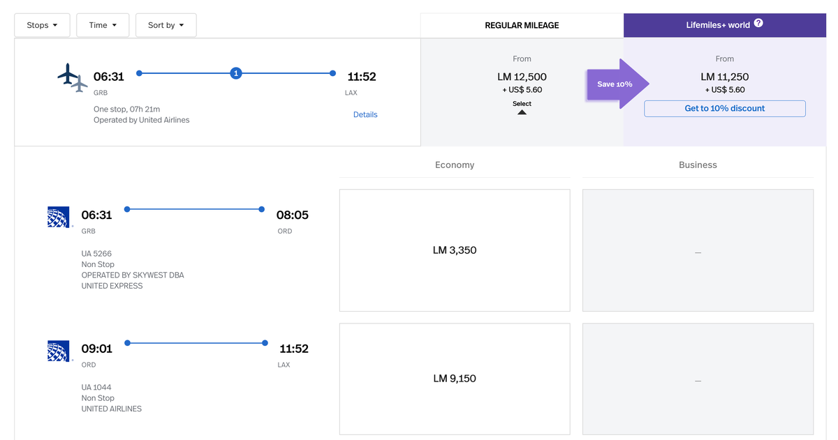 Green Bay to Los Angeles LifeMiles Itinerary