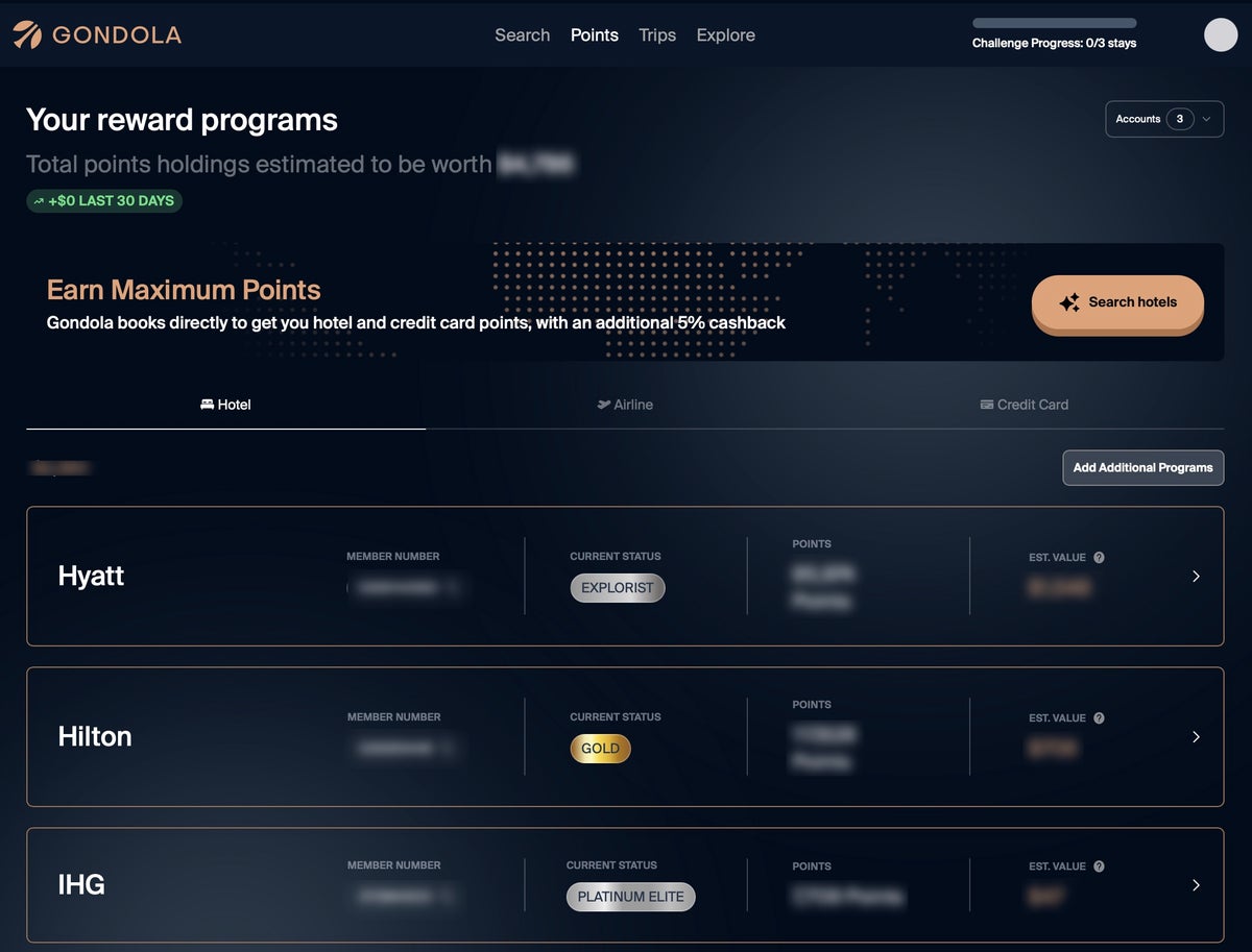 Gondola hotel points tracking page