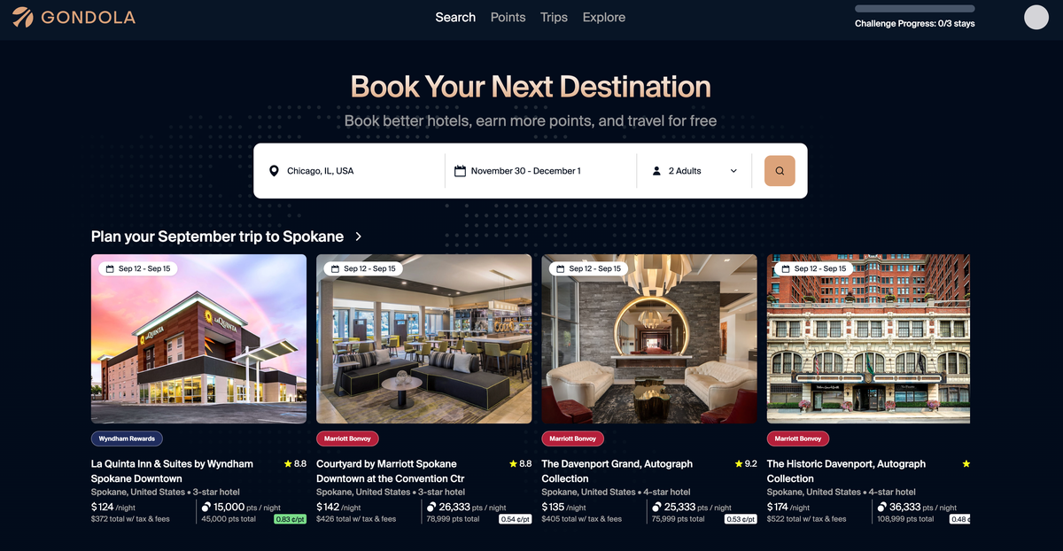 Hotel Search Page on Gondola