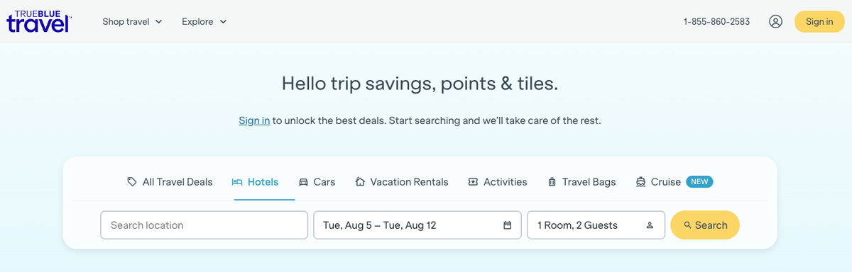 JetBlue Travel search page