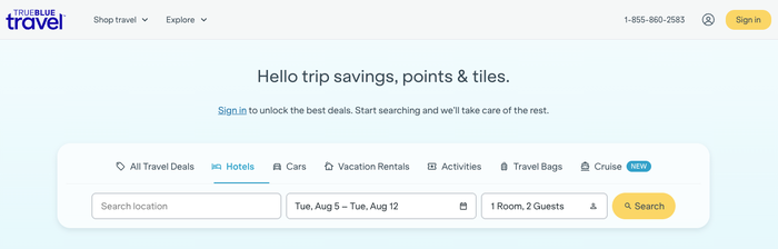JetBlue Travel search page