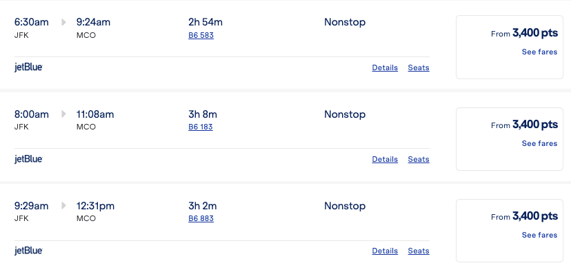 Jetblue award rates MCO