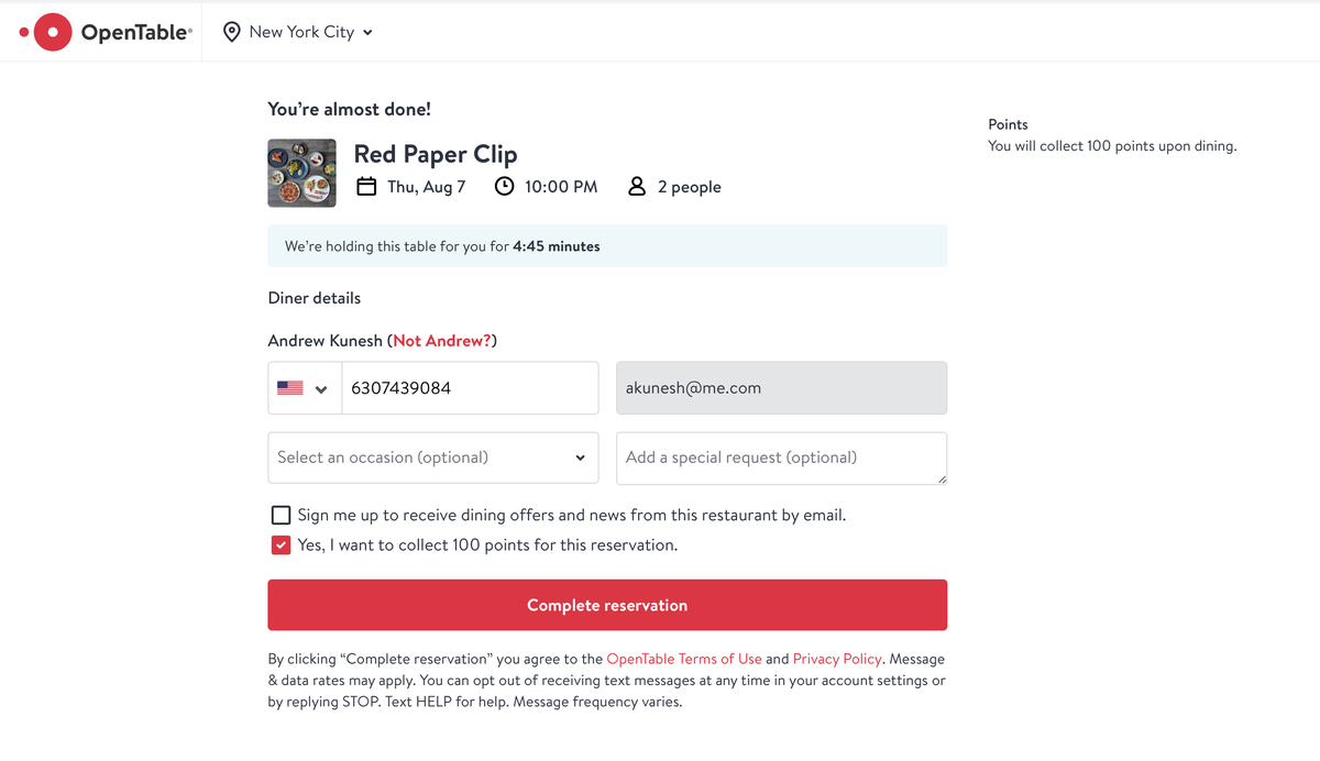 OpenTable Reservation Screen