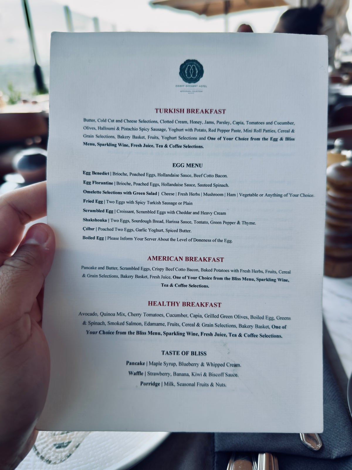 Orient Occident Hotel Istanbul breakfast menu