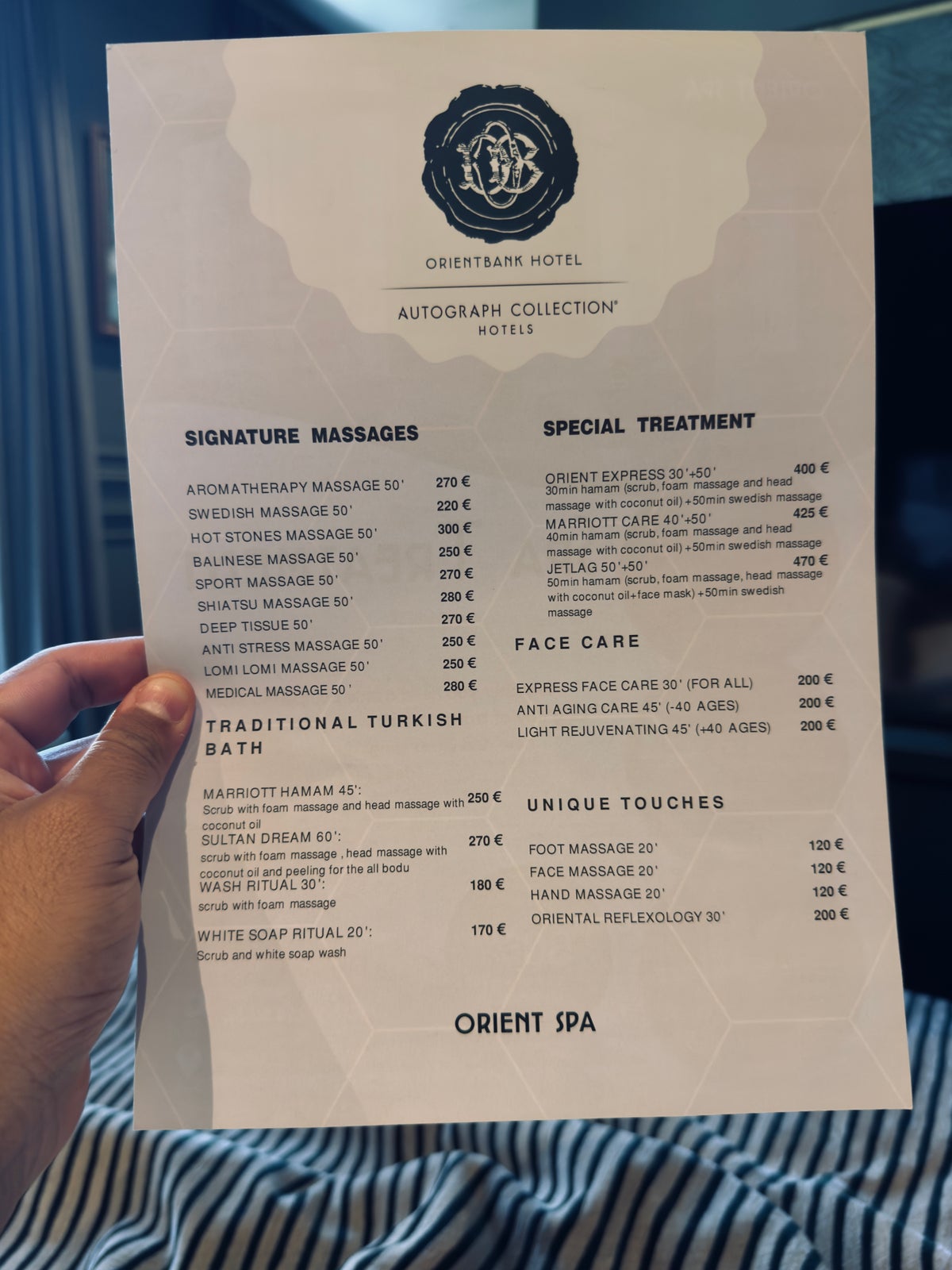 Orient Occident Hotel Istanbul spa menu