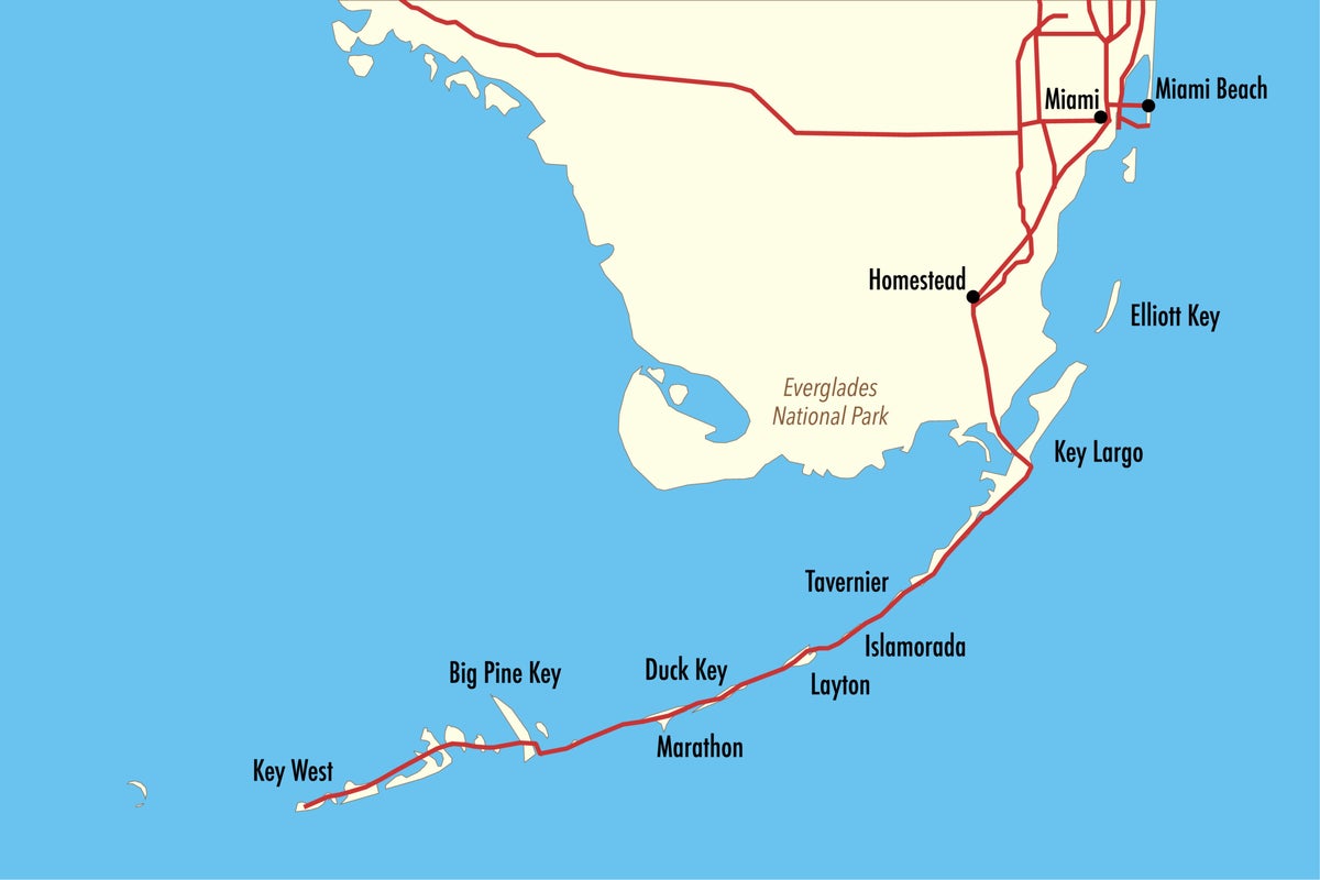 Vector Map of Florida Keys with Route 1 and Miami Infographic Illustration