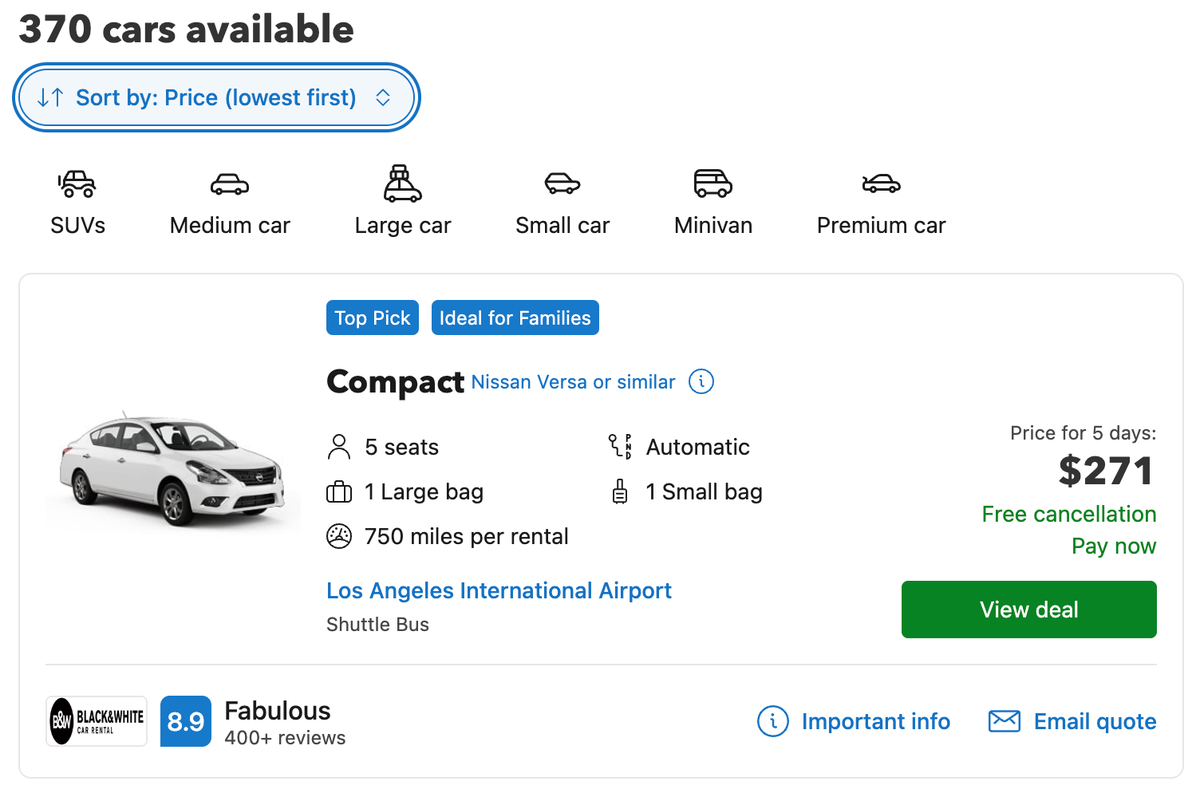 RentalCars.com LAX 5 day rental cheapest