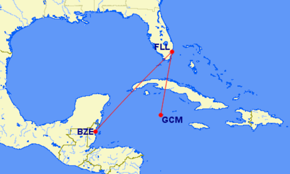 Route map of new Spirit routes to Belize and Grand Cayman