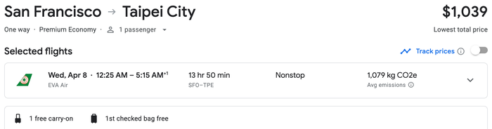 SFO TPE EVA one way premium economy cost SFO TPE EVA one way premium economy cost
