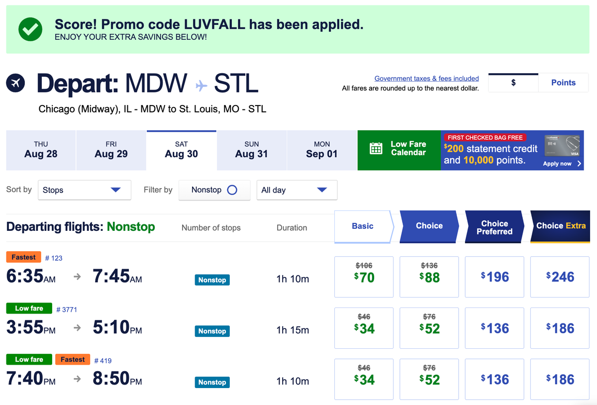 SW LUVFALL MDW STL fare