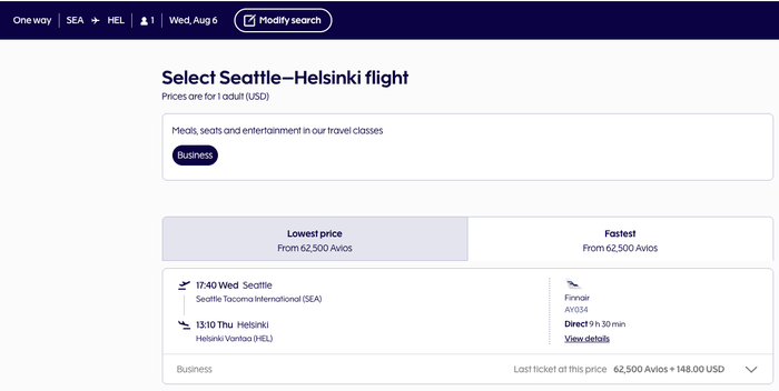Finnair SEA HEL Avios