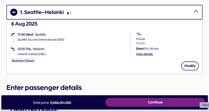 Finnair SEA HEL cash