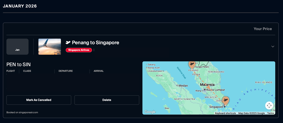 Singapore Airlines Flight on Gondola Trips Tab