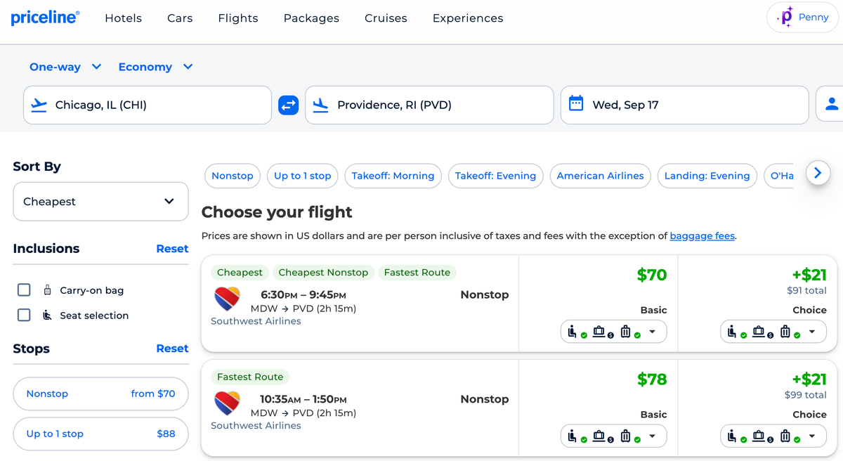 Southwest Flights on Priceline