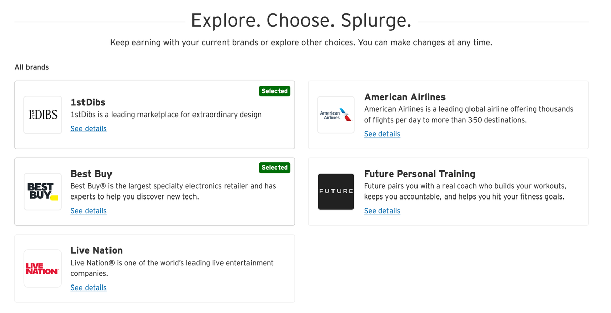Splurge Credit Merchant Selection Page on Citis Website