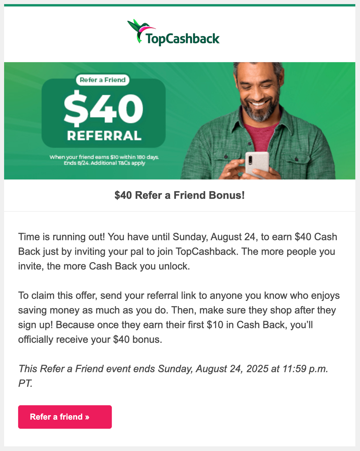 TopCashBack 40 referral August 2025