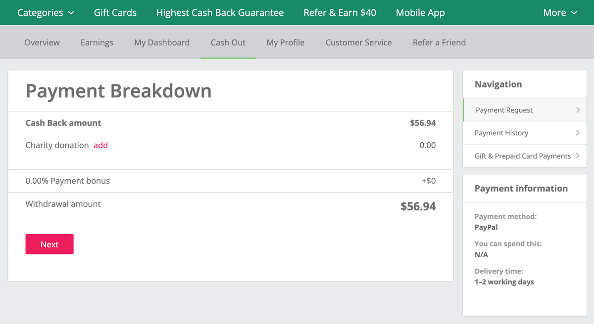 TopCashBack cash out page