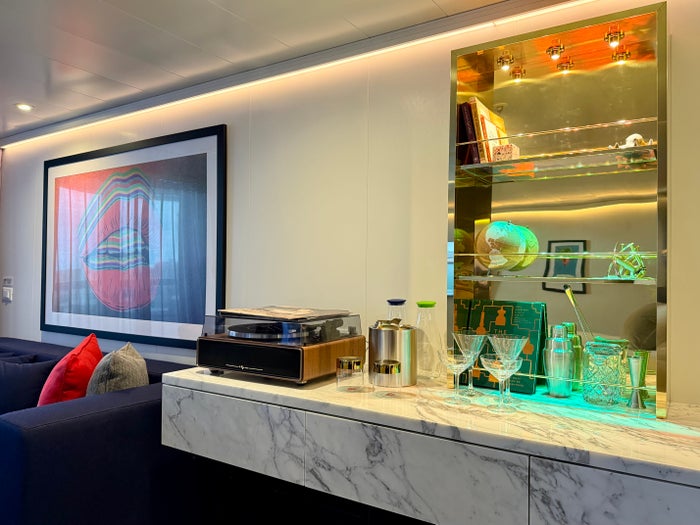 Virgin Voyages Brilliant Lady Brilliant Suite living area Virgin Voyages Brilliant Lady Brilliant Suite living area