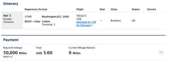ANA Award Ticket from EWR to LIS ANA Award Ticket from IAD to LIS