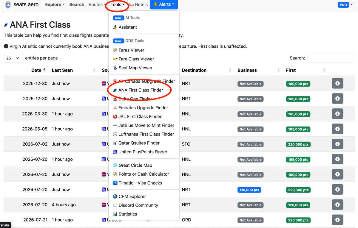 ANA First class finder results