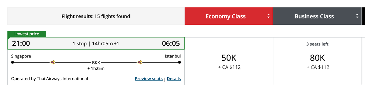 Aeroplan award booking SIN BKK IST 