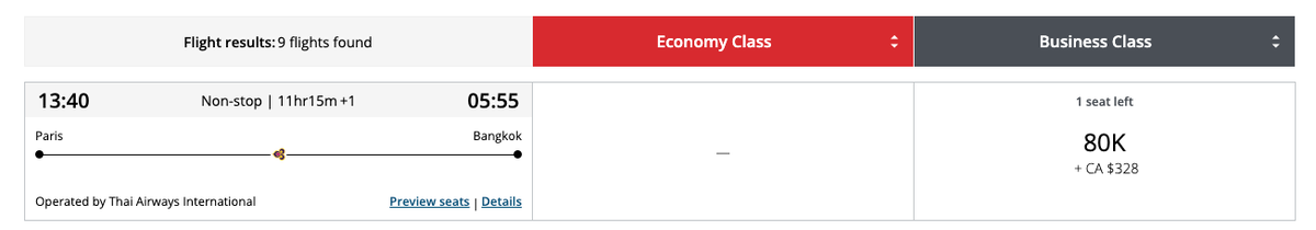 Aeroplan booking CDG BKK business class 80k