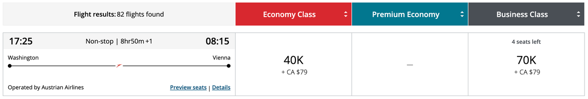 Aeroplan redemption IAD VIE Austrian biz September 2025
