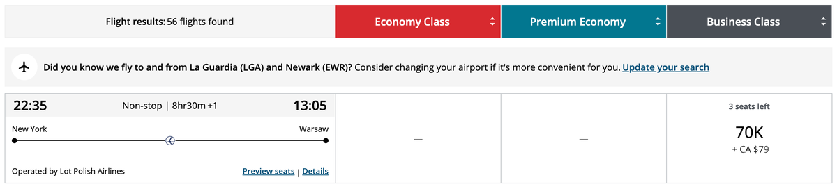 Aeroplan redemption JFK WAW LOT business