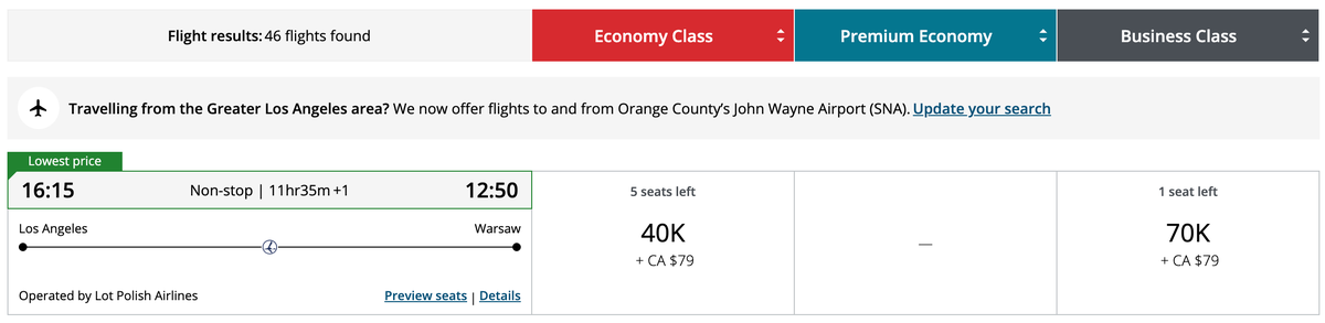 Aeroplan redemption LAX WAW LOT business