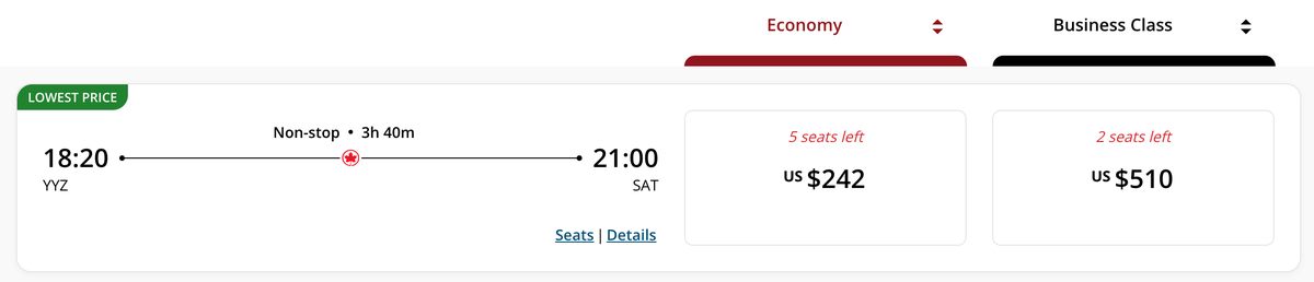 Air Canada fares YYZ SAT June 2026