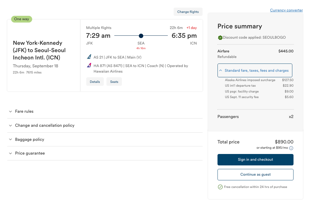 Alaska Airlines BOGO Offer From New York to Seoul