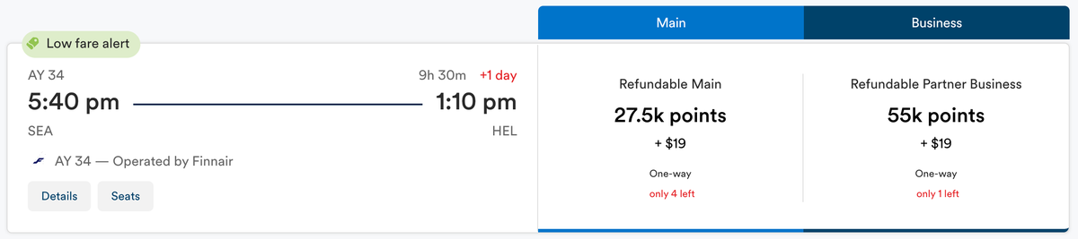 Alaska Atmos Rewards redemptoin SEA HEL Finnair
