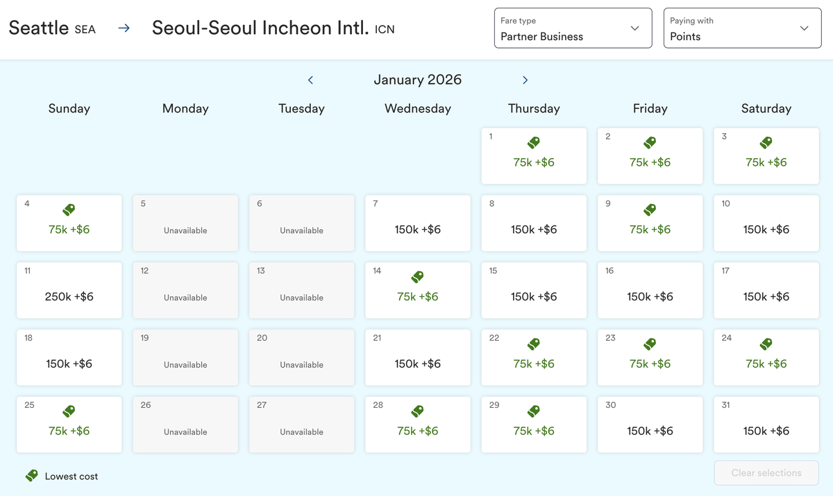 Alaska award calendar January 2025 SEA ICN
