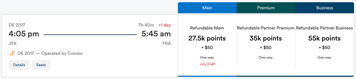 Alaska redemption Condor business JFK FRA