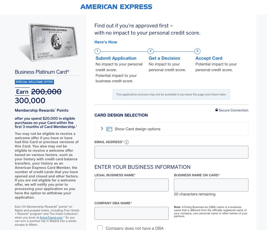 application form Business Platinum card 300k offer