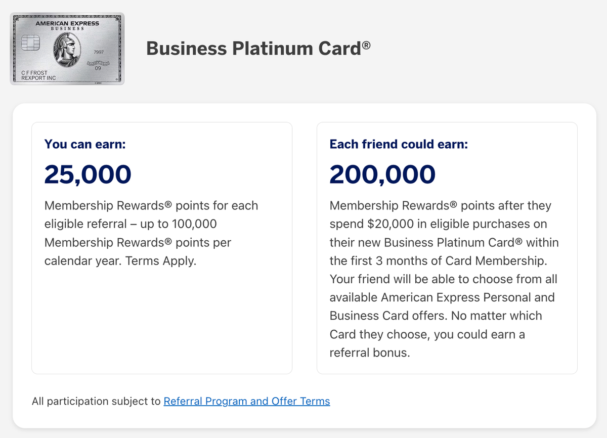 Amex Business Platinum referral example after refresh