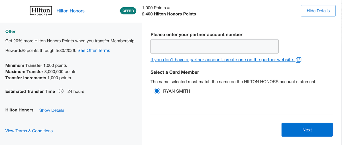 Amex Hilton transfer bonus April 2026