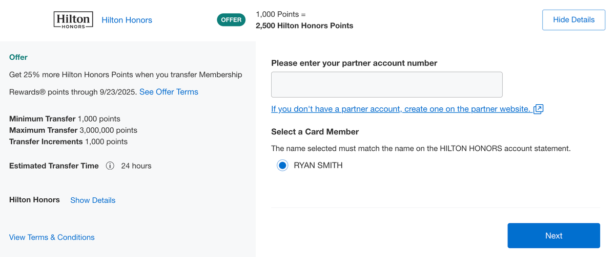 Amex Hilton transfer bonus September 2025