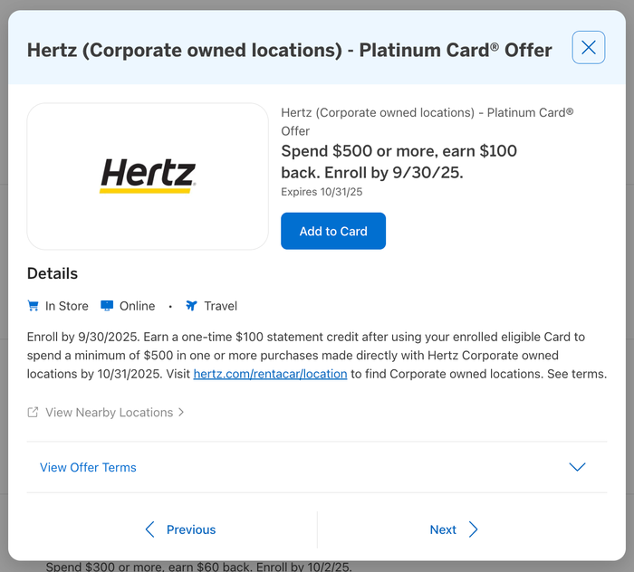 Amex Offer Hertz September 2025