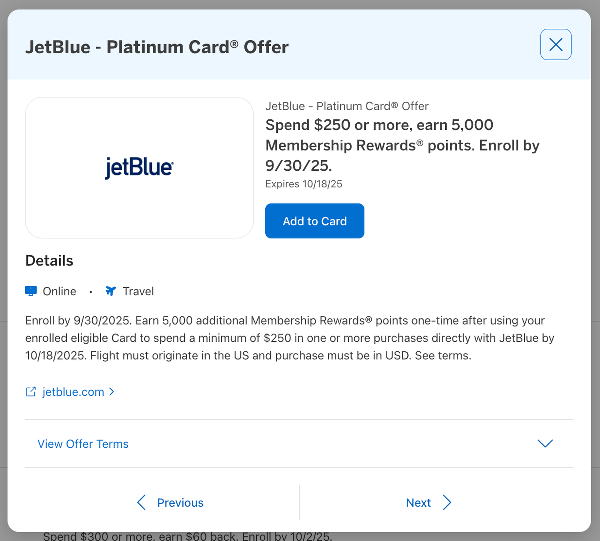 Amex Offer JetBlue September 2025