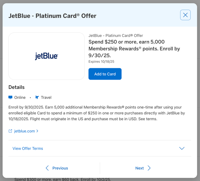 Amex Offer JetBlue September 2025