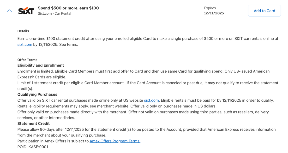 Amex Offer SIXT September 2025