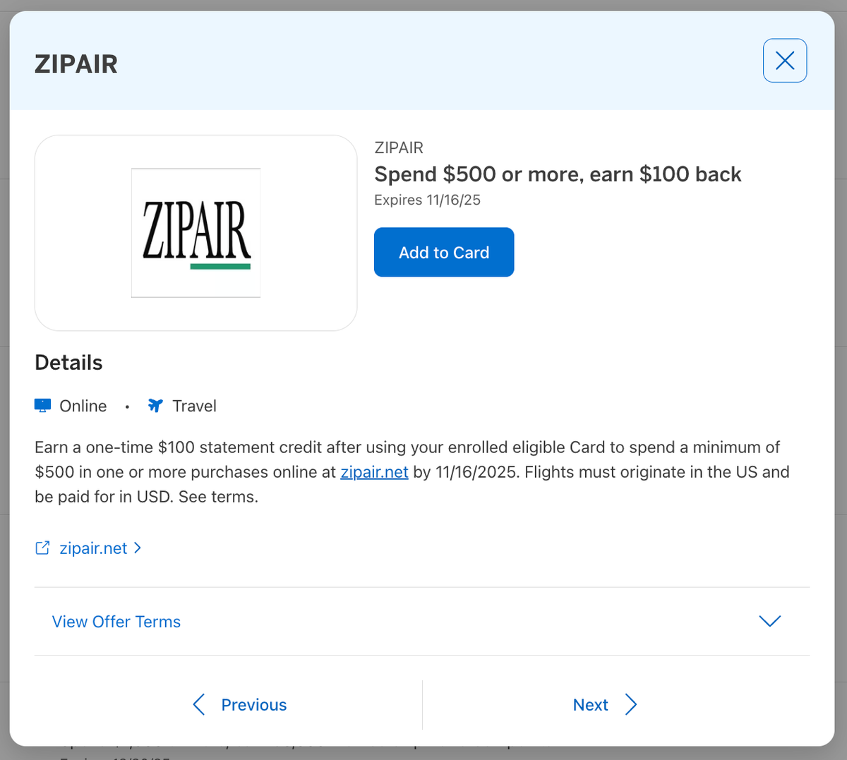 Amex Offer ZIPAIR September 2025