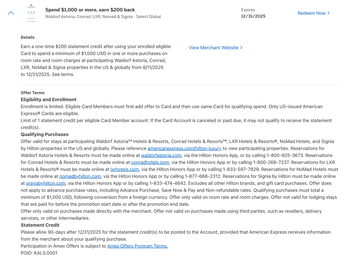 Amex Offer example Hilton luxury brands