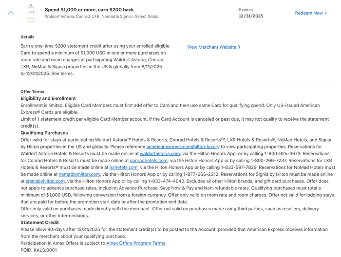 Amex Offer example Hilton luxury brands Amex Offer example Hilton luxury brands